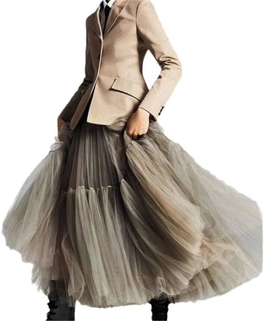 Women Pleated Mesh Tulle Skirts, 3 Layers Princess Tutu Skirts, Sweet Bridesmaids Midi Elastic High Waist Skirt