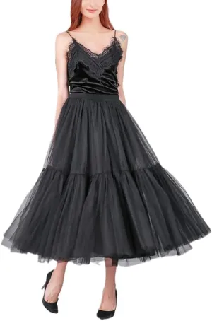 Women Pleated Mesh Tulle Skirts, 3 Layers Princess Tutu Skirts, Sweet Bridesmaids Midi Elastic High Waist Skirt