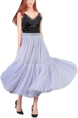 Women Pleated Mesh Tulle Skirts, 3 Layers Princess Tutu Skirts, Sweet Bridesmaids Midi Elastic High Waist Skirt