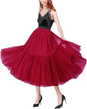 Women Pleated Mesh Tulle Skirts, 3 Layers Princess Tutu Skirts, Sweet Bridesmaids Midi Elastic High Waist Skirt