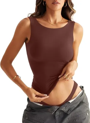 Women Sleeveless Boat Neck Tops Double Lined Backless Tank Tops Basic Fitted T Shirts 2025