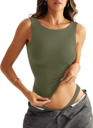 Women Sleeveless Boat Neck Tops Double Lined Backless Tank Tops Basic Fitted T Shirts 2025