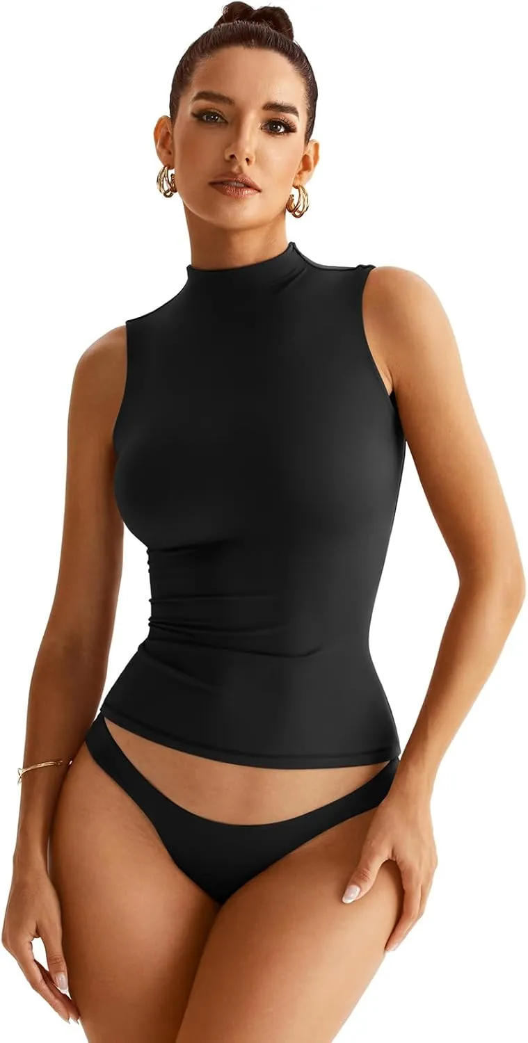 Women Sleeveless Mock Turtle Neck Tops Double Lined Fitted Tank Tops Basic T Shirts 2025