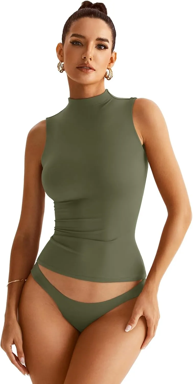 Women Sleeveless Mock Turtle Neck Tops Double Lined Fitted Tank Tops Basic T Shirts 2025