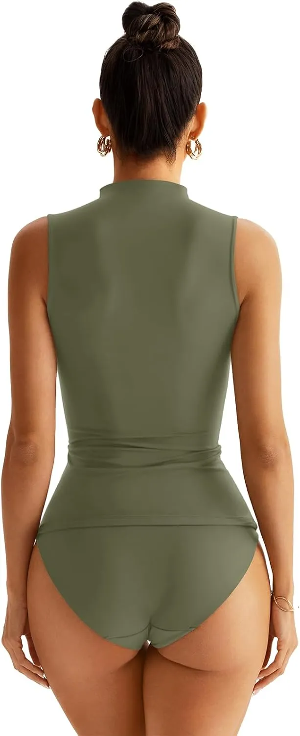 Women Sleeveless Mock Turtle Neck Tops Double Lined Fitted Tank Tops Basic T Shirts 2025