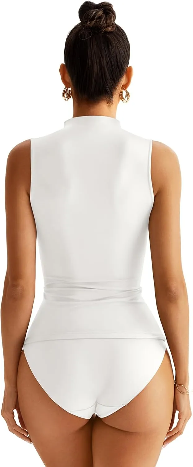 Women Sleeveless Mock Turtle Neck Tops Double Lined Fitted Tank Tops Basic T Shirts 2025