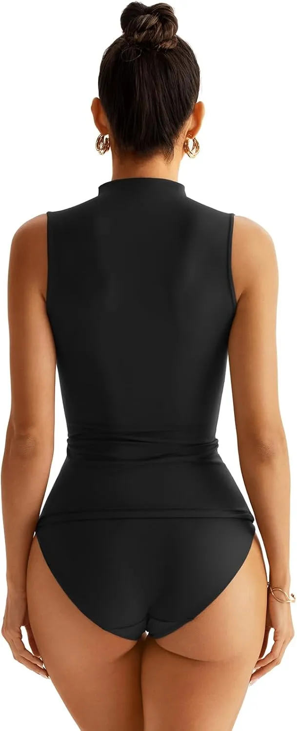 Women Sleeveless Mock Turtle Neck Tops Double Lined Fitted Tank Tops Basic T Shirts 2025