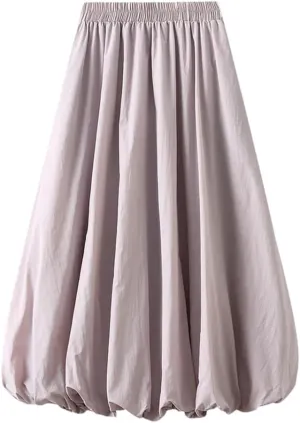 Women Solid Color Pleated Skirt High Waisted Midi Skirt Double Layers A-Line Long Skirt
