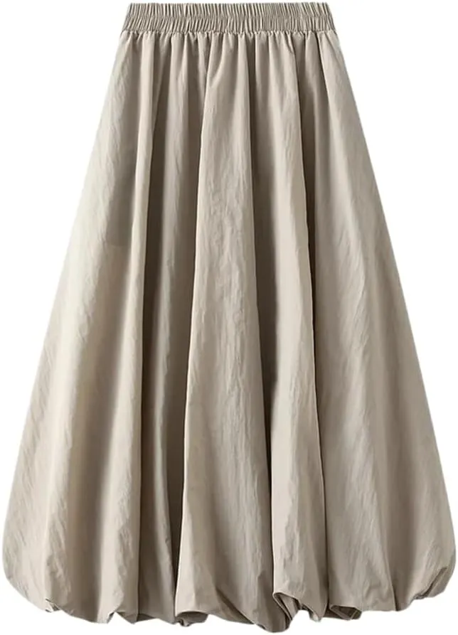 Women Solid Color Pleated Skirt High Waisted Midi Skirt Double Layers A-Line Long Skirt