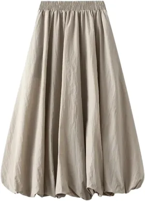 Women Solid Color Pleated Skirt High Waisted Midi Skirt Double Layers A-Line Long Skirt