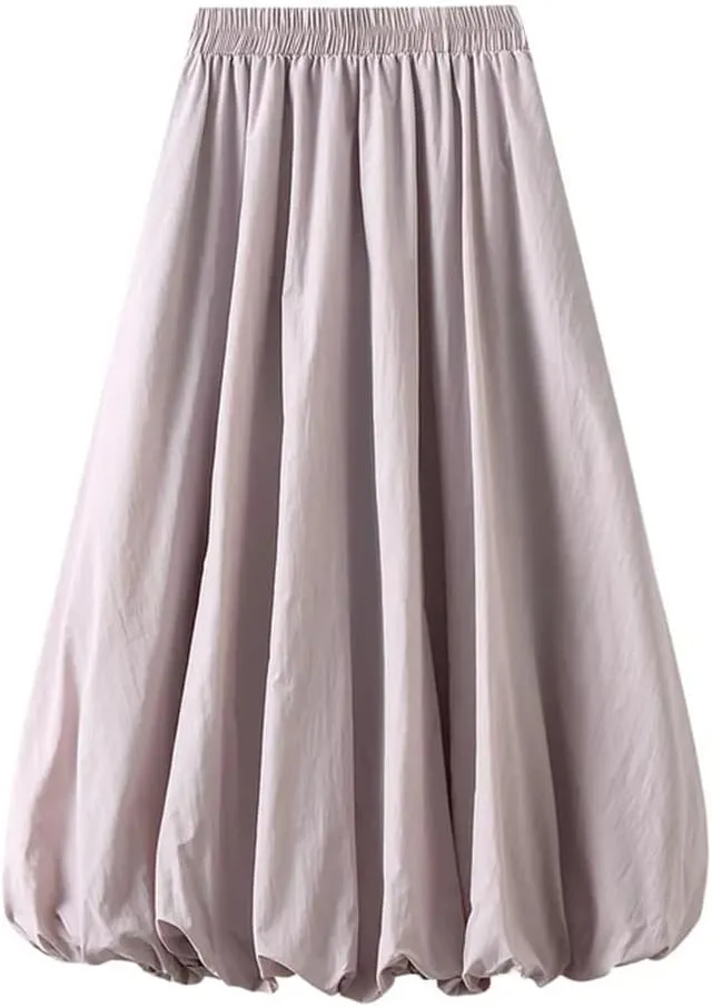 Women Solid Color Pleated Skirt High Waisted Midi Skirt Double Layers A-Line Long Skirt