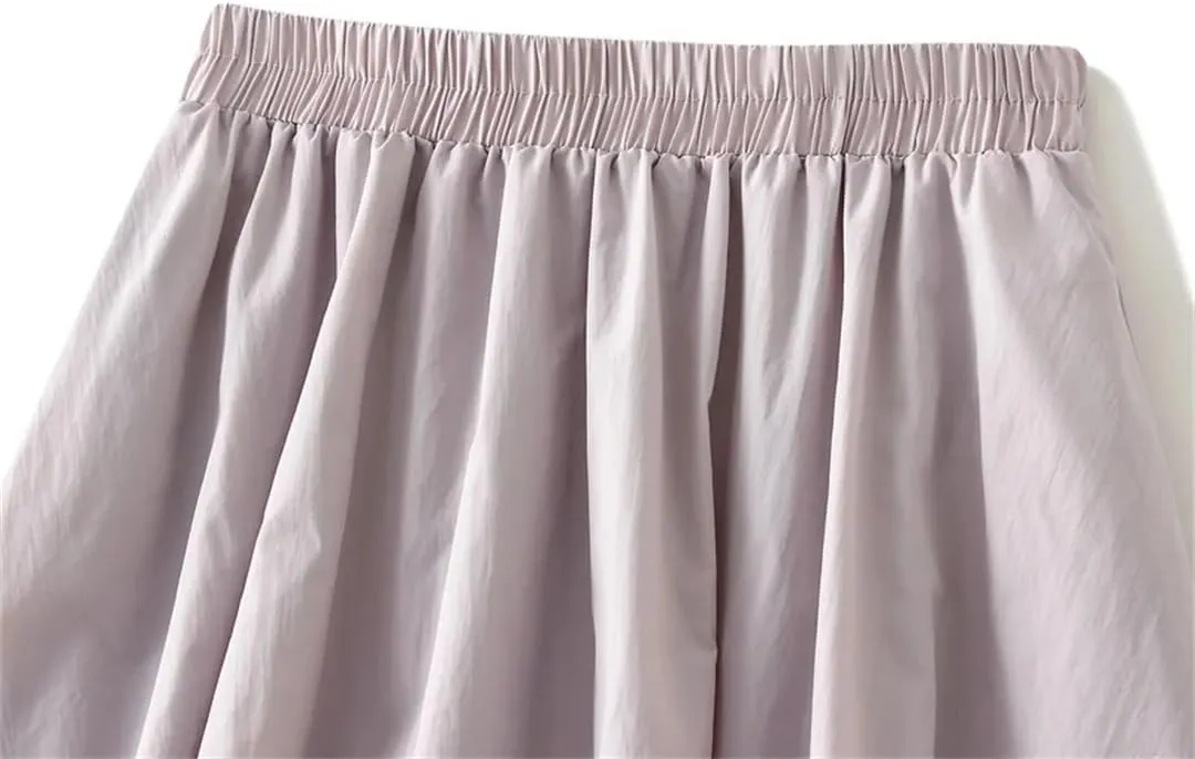Women Solid Color Pleated Skirt High Waisted Midi Skirt Double Layers A-Line Long Skirt