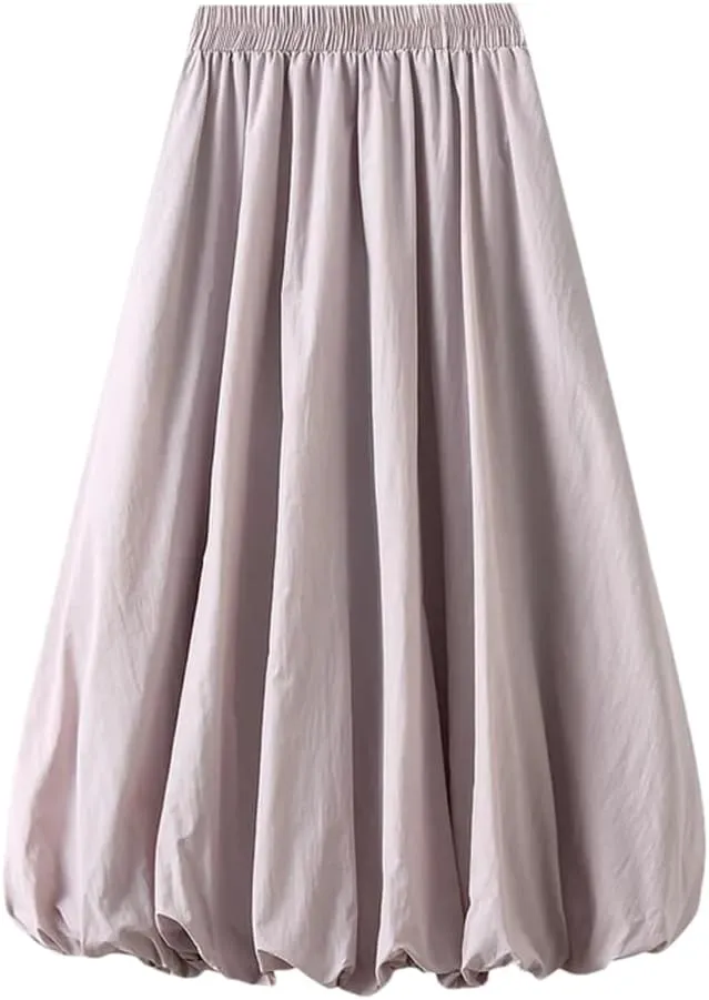 Women Solid Color Pleated Skirt High Waisted Midi Skirt Double Layers A-Line Long Skirt