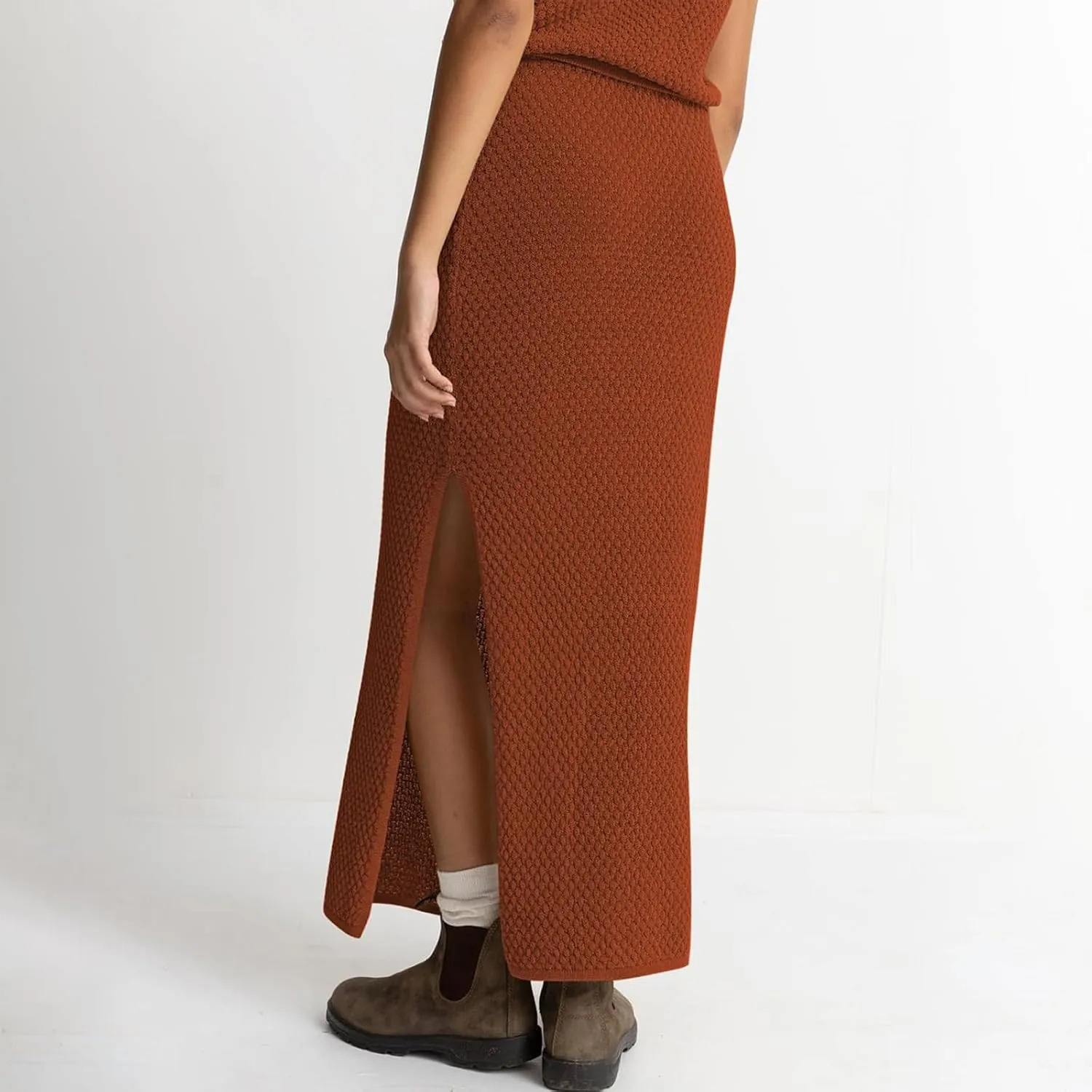 Women Summer 2 Piece Skirt Outfit V Neck Button Tank Top Vest Bodycon Knit Maxi Long Skirt Set Waffle Dress Suit