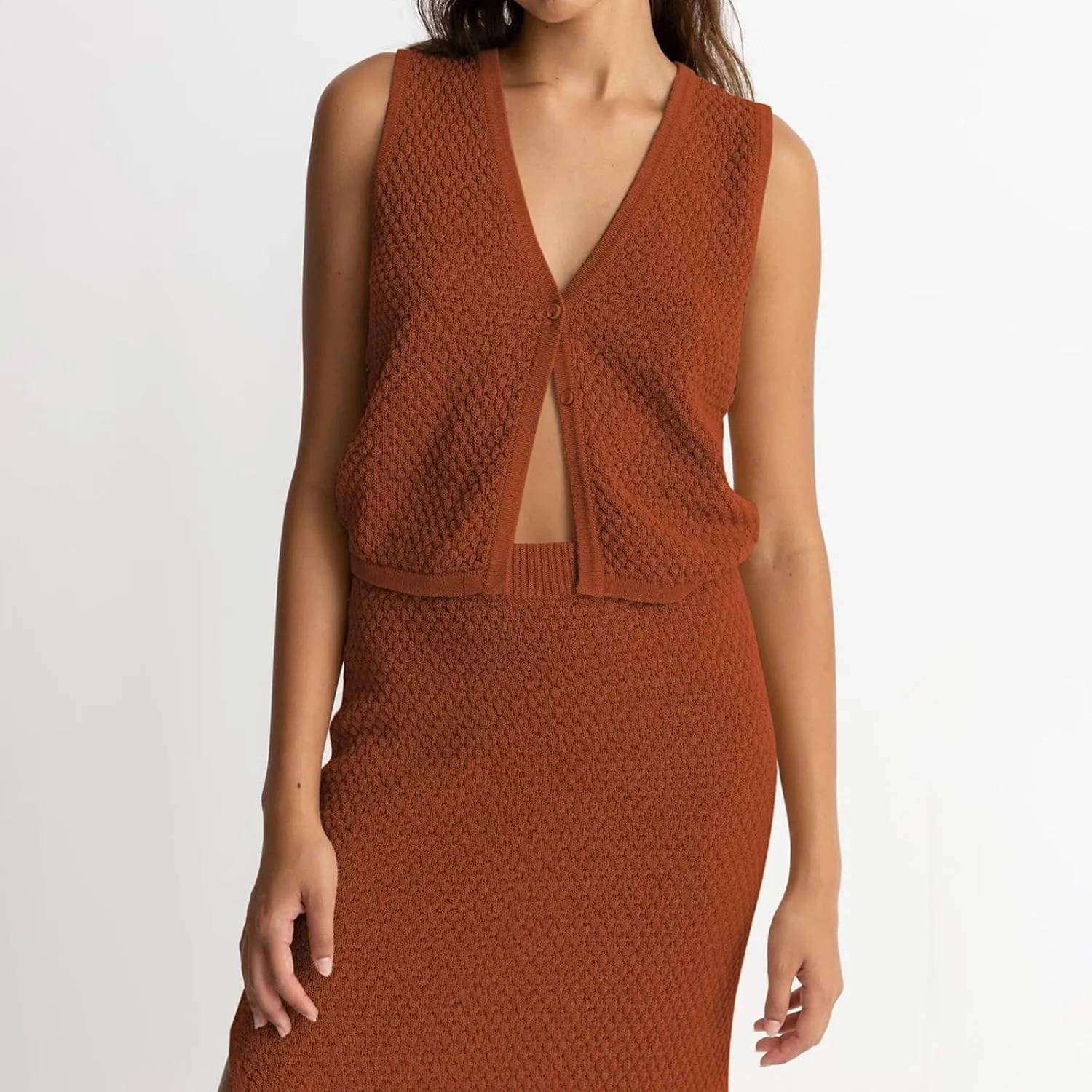 Women Summer 2 Piece Skirt Outfit V Neck Button Tank Top Vest Bodycon Knit Maxi Long Skirt Set Waffle Dress Suit