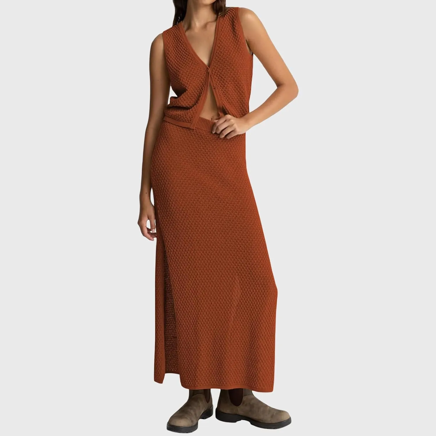 Women Summer 2 Piece Skirt Outfit V Neck Button Tank Top Vest Bodycon Knit Maxi Long Skirt Set Waffle Dress Suit