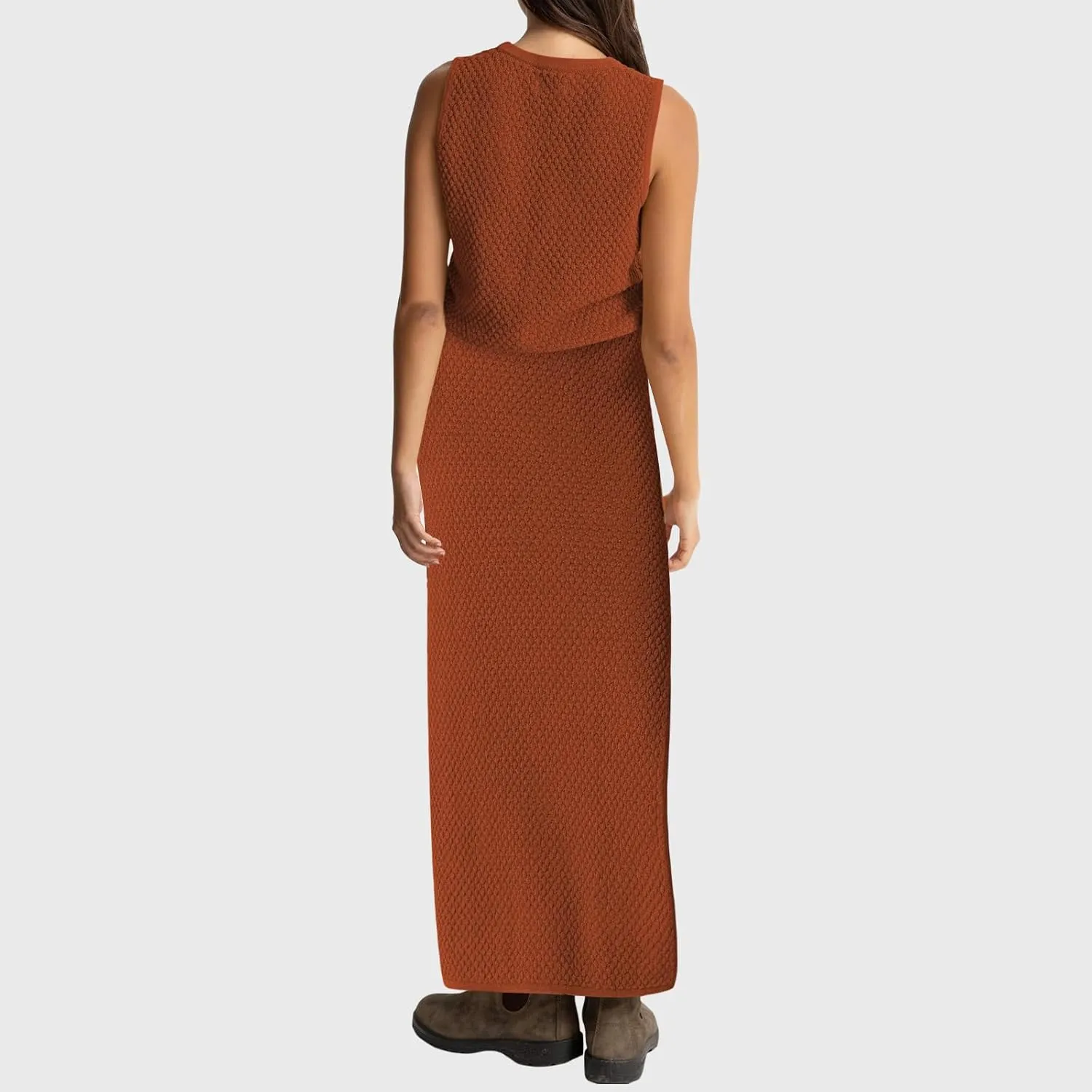 Women Summer 2 Piece Skirt Outfit V Neck Button Tank Top Vest Bodycon Knit Maxi Long Skirt Set Waffle Dress Suit