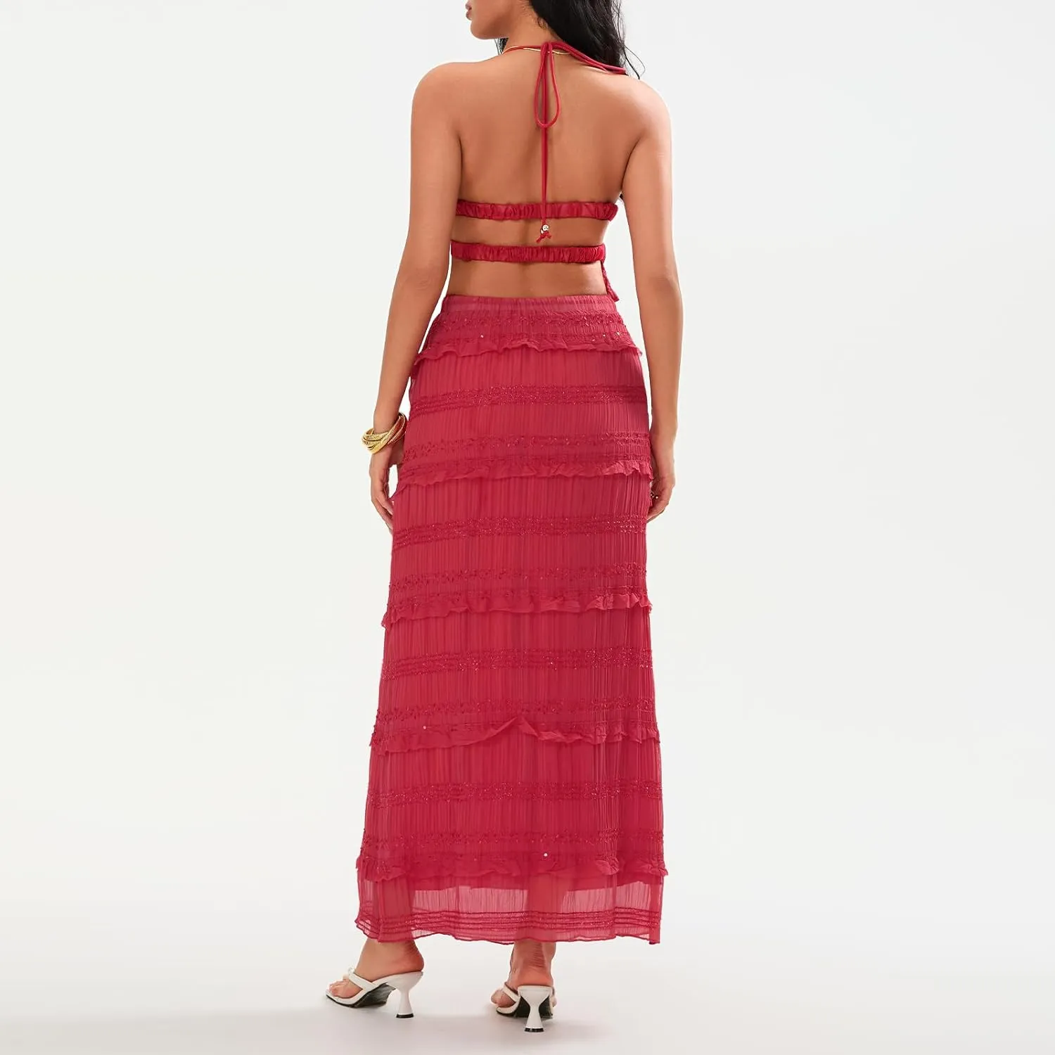 Women Summer Outfits Shirred Tie-up Halter Neck Sleeveless Open Black Tank Tops Drawstring Flowy Long Skirt Beach 2 Pcs Set