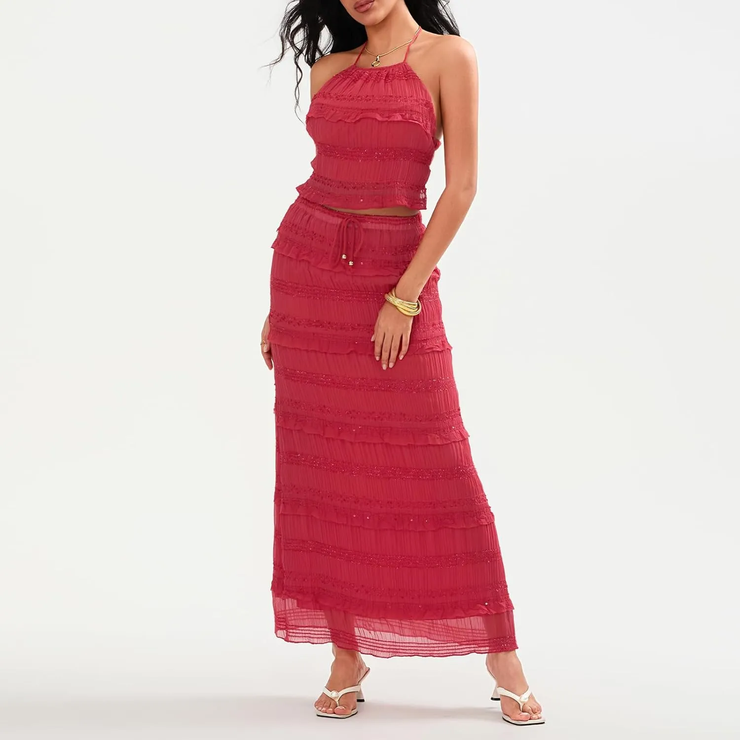 Women Summer Outfits Shirred Tie-up Halter Neck Sleeveless Open Black Tank Tops Drawstring Flowy Long Skirt Beach 2 Pcs Set