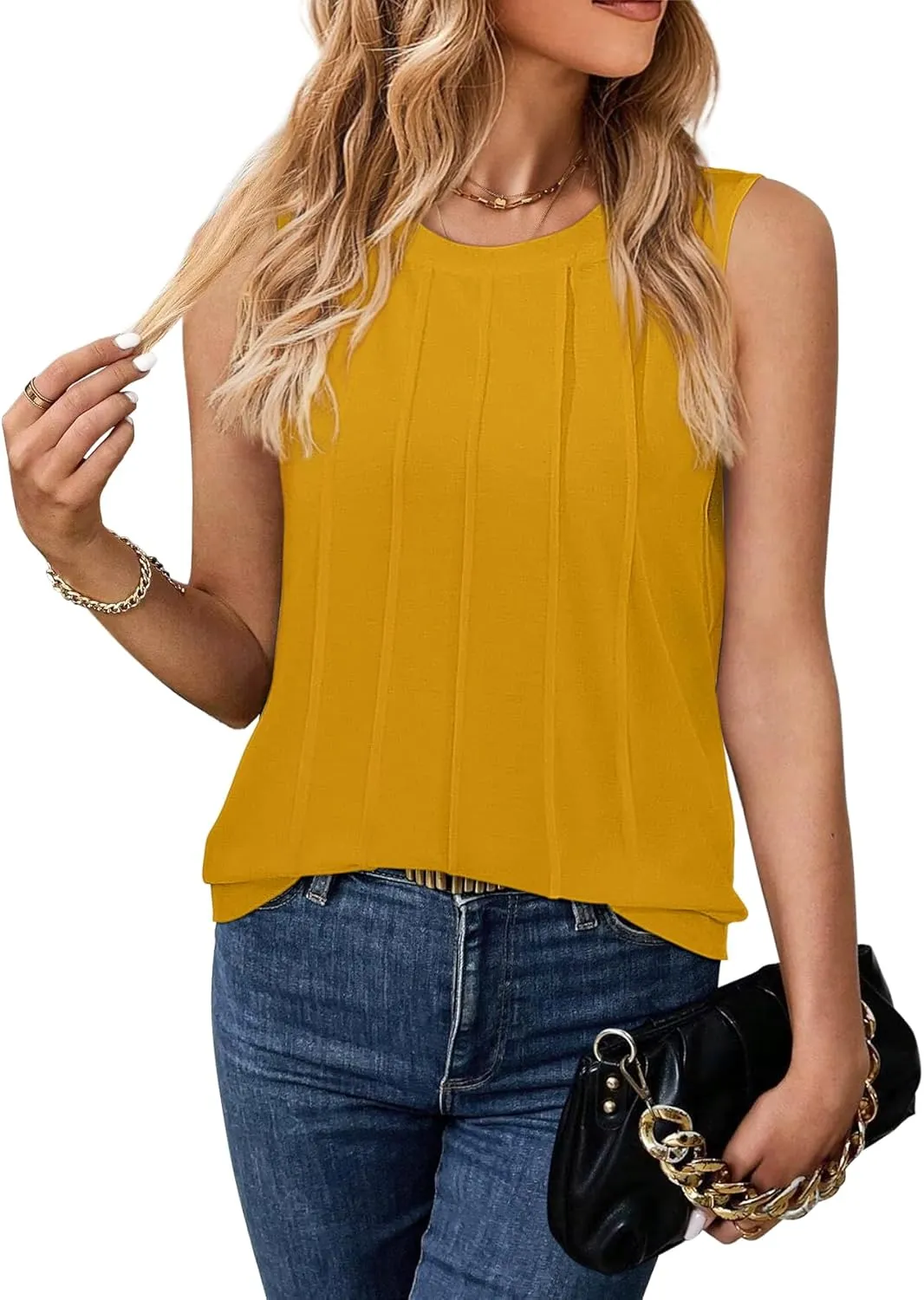 Women Summer Pleated Tank Tops 2025 Trendy Sleeveless Crewneck Tops Loose fit Dressy Casual Work Shirts