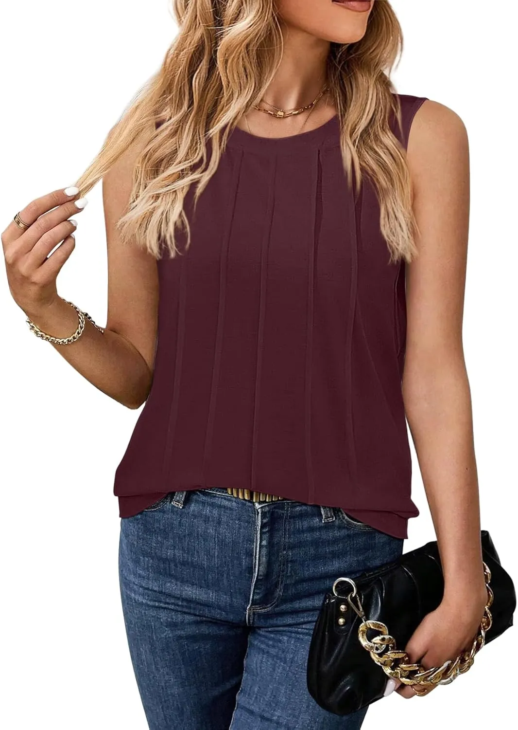Women Summer Pleated Tank Tops 2025 Trendy Sleeveless Crewneck Tops Loose fit Dressy Casual Work Shirts