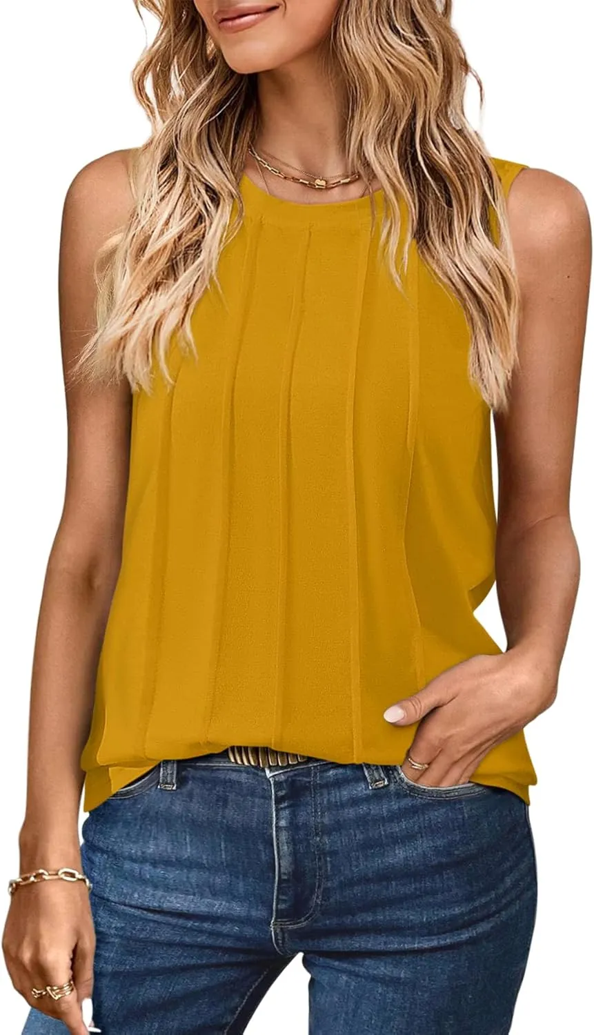 Women Summer Pleated Tank Tops 2025 Trendy Sleeveless Crewneck Tops Loose fit Dressy Casual Work Shirts