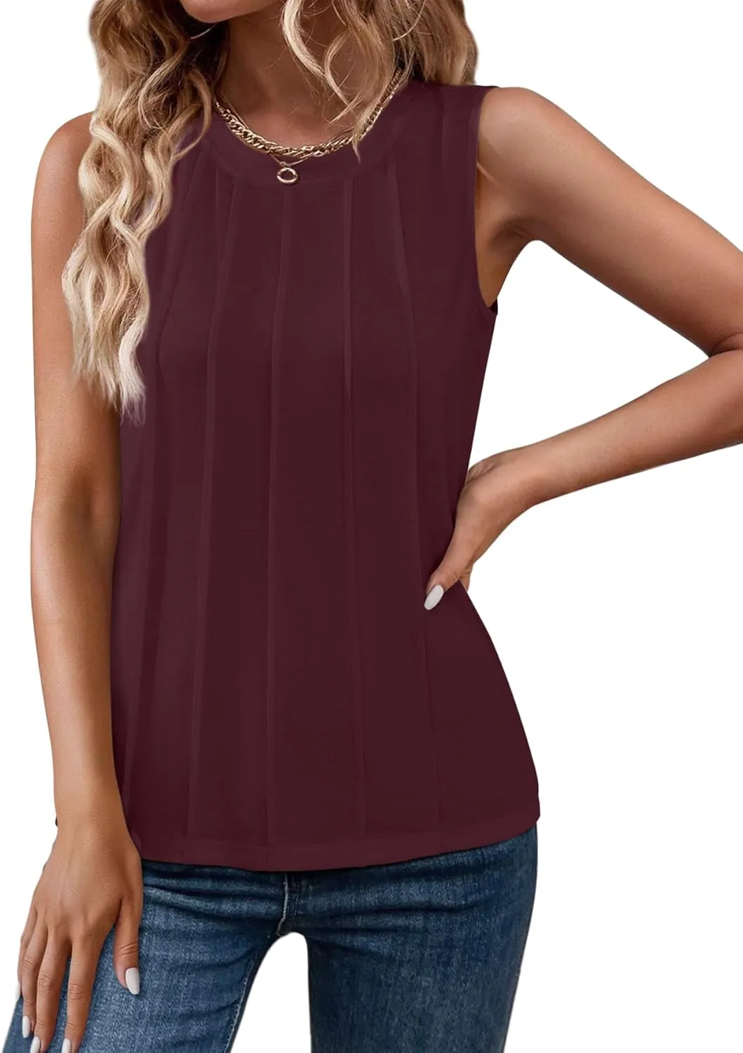 Women Summer Pleated Tank Tops 2025 Trendy Sleeveless Crewneck Tops Loose fit Dressy Casual Work Shirts