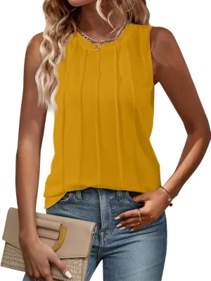 Women Summer Pleated Tank Tops 2025 Trendy Sleeveless Crewneck Tops Loose fit Dressy Casual Work Shirts