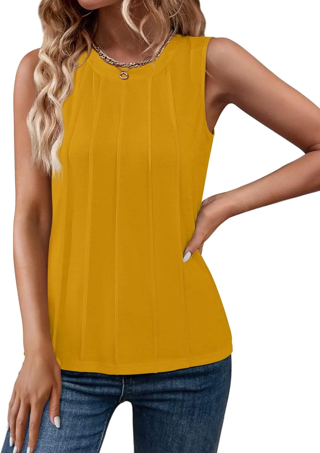Women Summer Pleated Tank Tops 2025 Trendy Sleeveless Crewneck Tops Loose fit Dressy Casual Work Shirts
