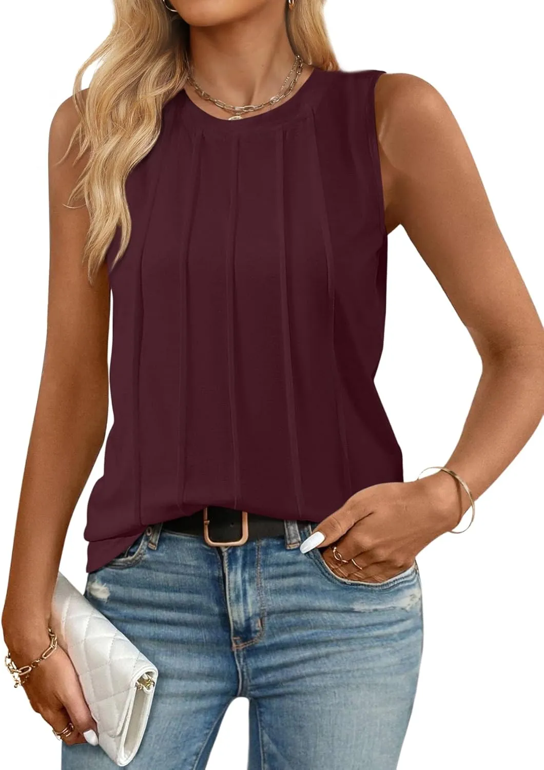 Women Summer Pleated Tank Tops 2025 Trendy Sleeveless Crewneck Tops Loose fit Dressy Casual Work Shirts