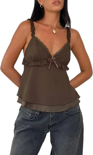 Women Y2k Cami Tops Sleeveless Bow Front Ruffled Top Frill Spaghetti Strap Cropped Camisole