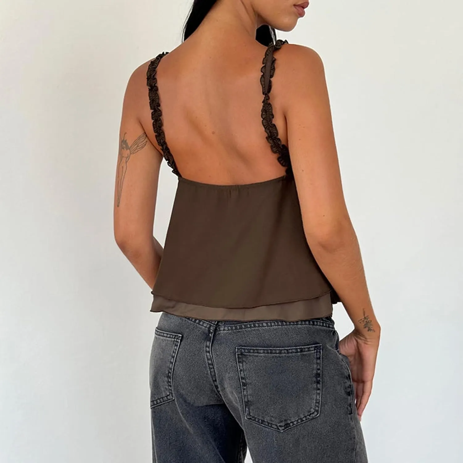 Women Y2k Cami Tops Sleeveless Bow Front Ruffled Top Frill Spaghetti Strap Cropped Camisole