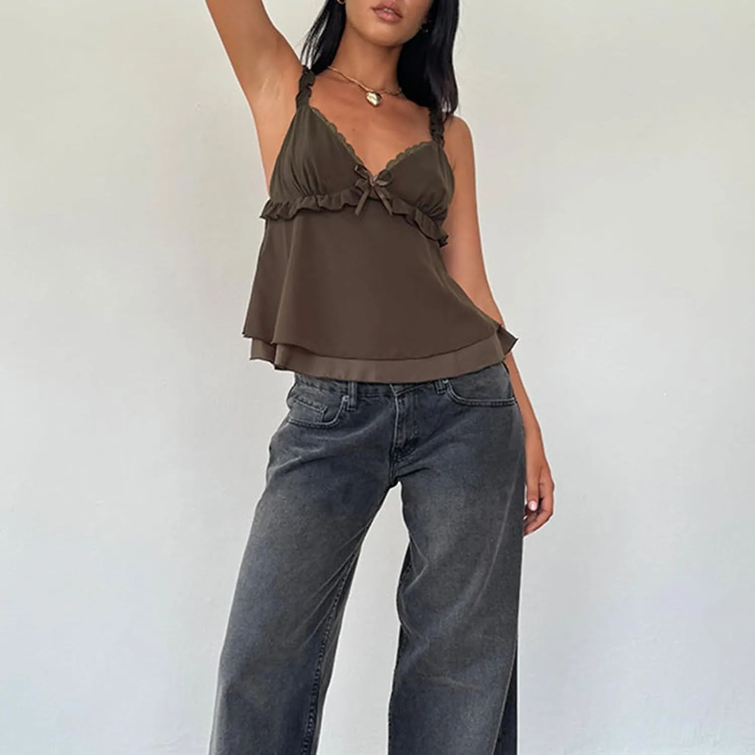 Women Y2k Cami Tops Sleeveless Bow Front Ruffled Top Frill Spaghetti Strap Cropped Camisole