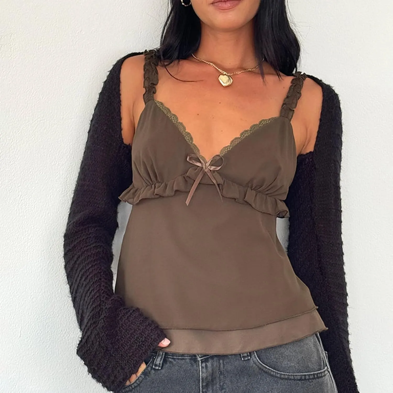 Women Y2k Cami Tops Sleeveless Bow Front Ruffled Top Frill Spaghetti Strap Cropped Camisole