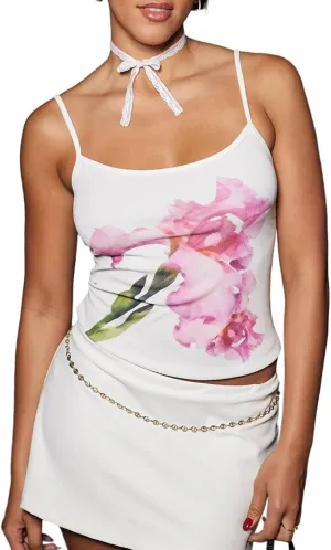 Women Y2k Floral Print Camisole Flower Spaghetti Strap Tank Top Vintage Fitted Backless Cami Summer Going Out Tops