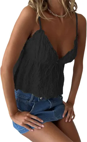 Women Y2K Ruched Camisole Spaghetti Straps V Neck Cami Tops Summer Cute Bow Flowy Tank Tops Streetwear