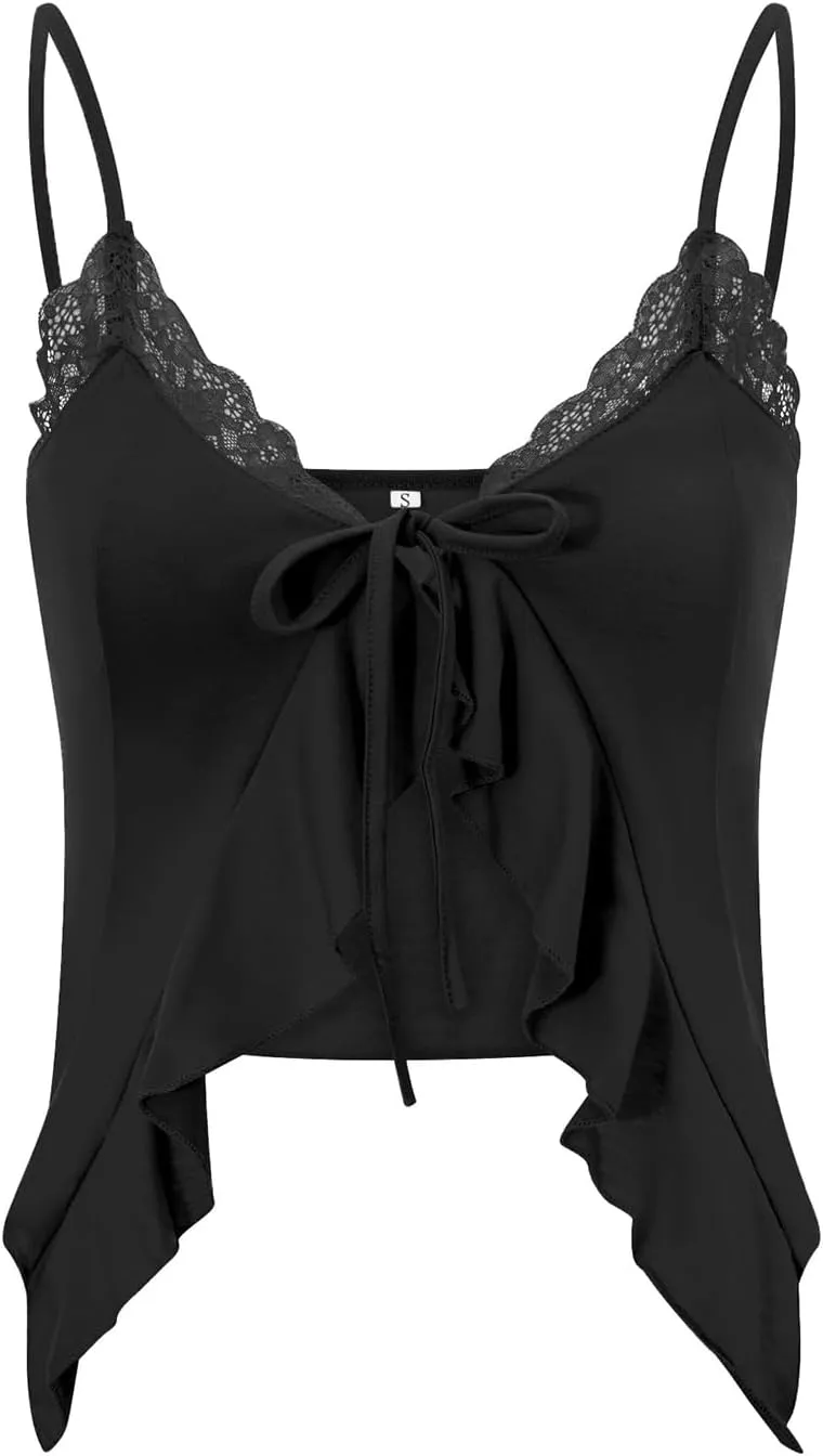 Women Y2K Sexy Tie Front Crop Top Spaghetti Strap Sleeveless Camisole Vest Summer Backless Going Out Cami Tank Tops