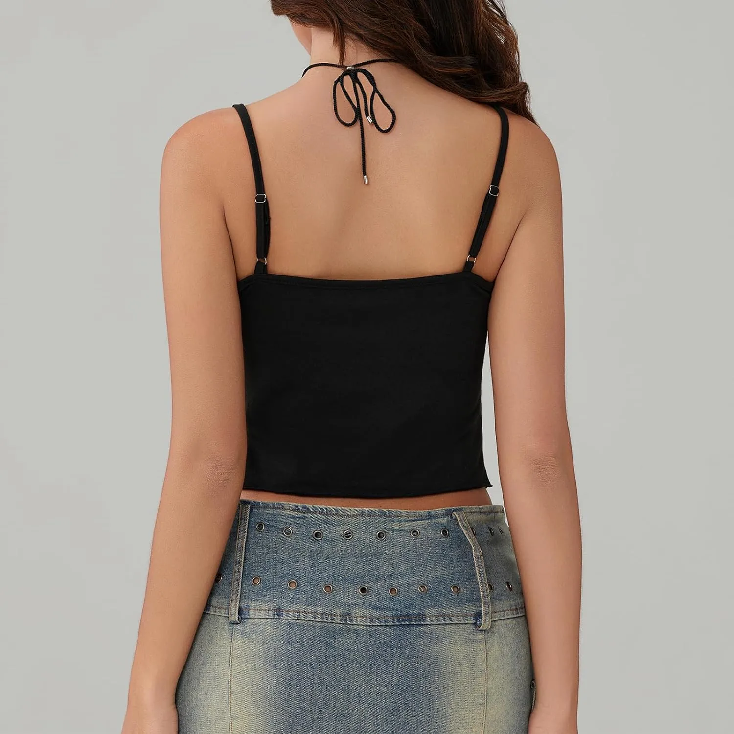 Women Y2K Sexy Tie Front Crop Top Spaghetti Strap Sleeveless Camisole Vest Summer Backless Going Out Cami Tank Tops