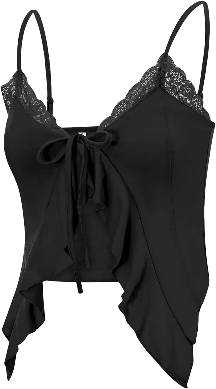 Women Y2K Sexy Tie Front Crop Top Spaghetti Strap Sleeveless Camisole Vest Summer Backless Going Out Cami Tank Tops