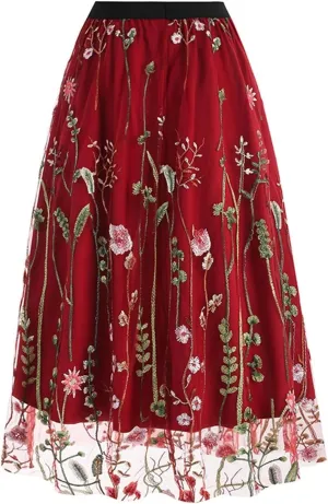 Women's 2 Layers Floral High Elastic Waist Long Mesh Skirt Tulle Skirt Summer Pleated A-line Midi Skirts
