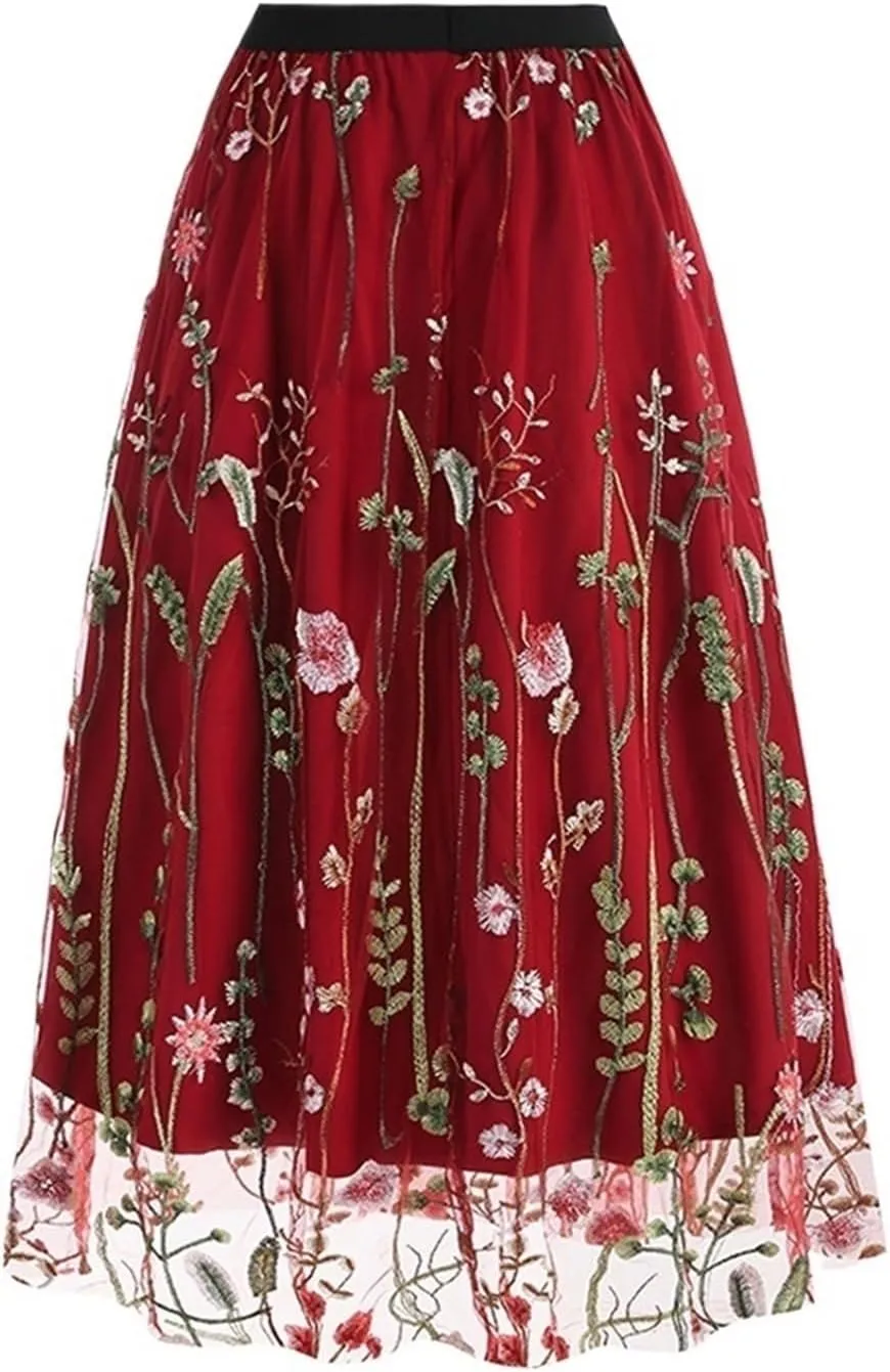 Women's 2 Layers Floral High Elastic Waist Long Mesh Skirt Tulle Skirt Summer Pleated A-line Midi Skirts