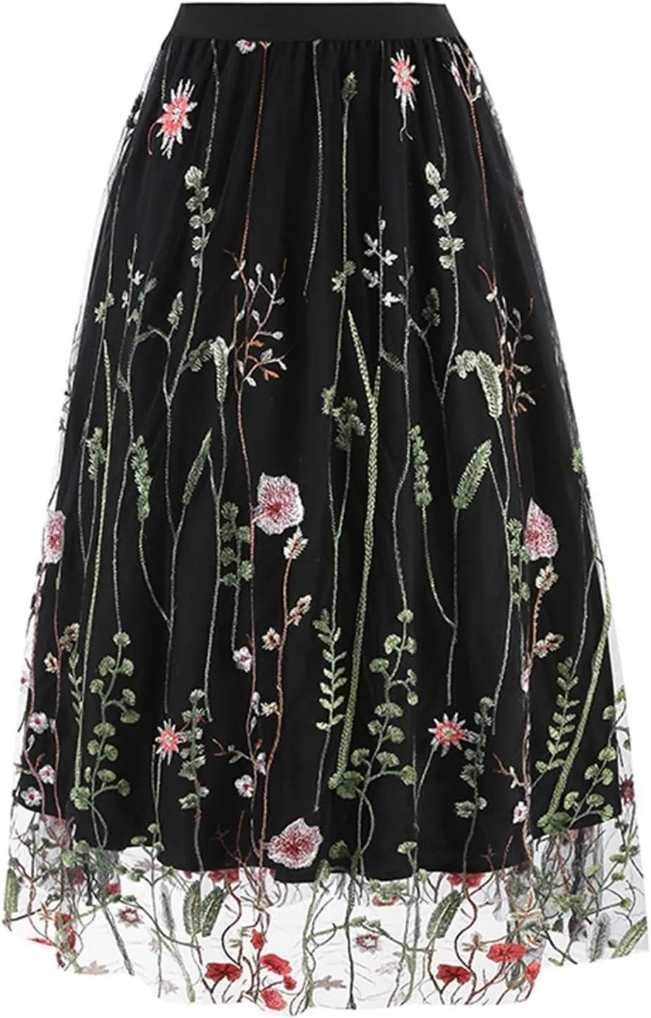 Women's 2 Layers Floral High Elastic Waist Long Mesh Skirt Tulle Skirt Summer Pleated A-line Midi Skirts