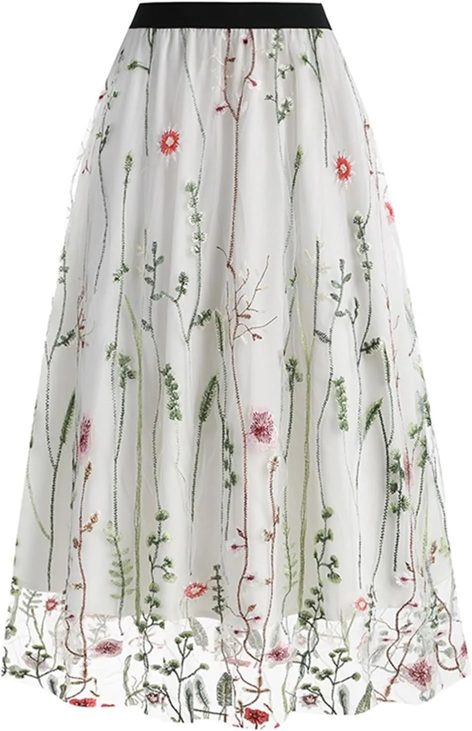 Women's 2 Layers Floral High Elastic Waist Long Mesh Skirt Tulle Skirt Summer Pleated A-line Midi Skirts