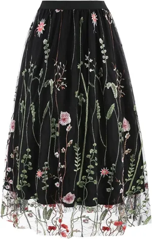 Women's 2 Layers Floral High Elastic Waist Long Mesh Skirt Tulle Skirt Summer Pleated A-line Midi Skirts