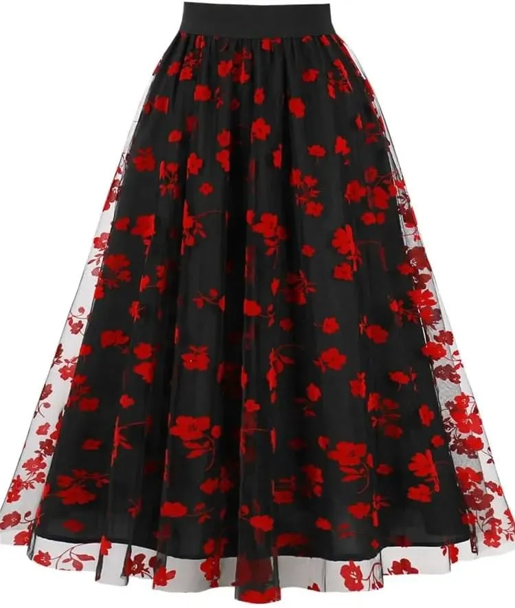Women's 2 Layers Midi Summer Tulle Skirt Casual Red Blue Brown High Waist Pleated Sun School Long Skirt Female