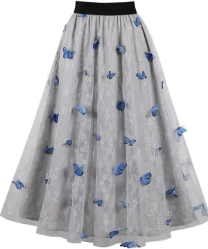 Women's 2 Layers Midi Summer Tulle Skirt Casual Red Blue Brown High Waist Pleated Sun School Long Skirt Female