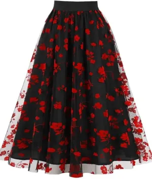 Women's 2 Layers Midi Summer Tulle Skirt Casual Red Blue Brown High Waist Pleated Sun School Long Skirt Female