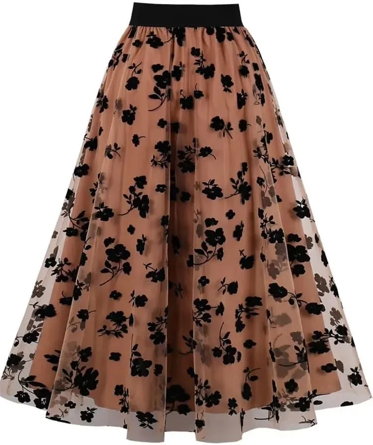 Women's 2 Layers Midi Summer Tulle Skirt Casual Red Blue Brown High Waist Pleated Sun School Long Skirt Female