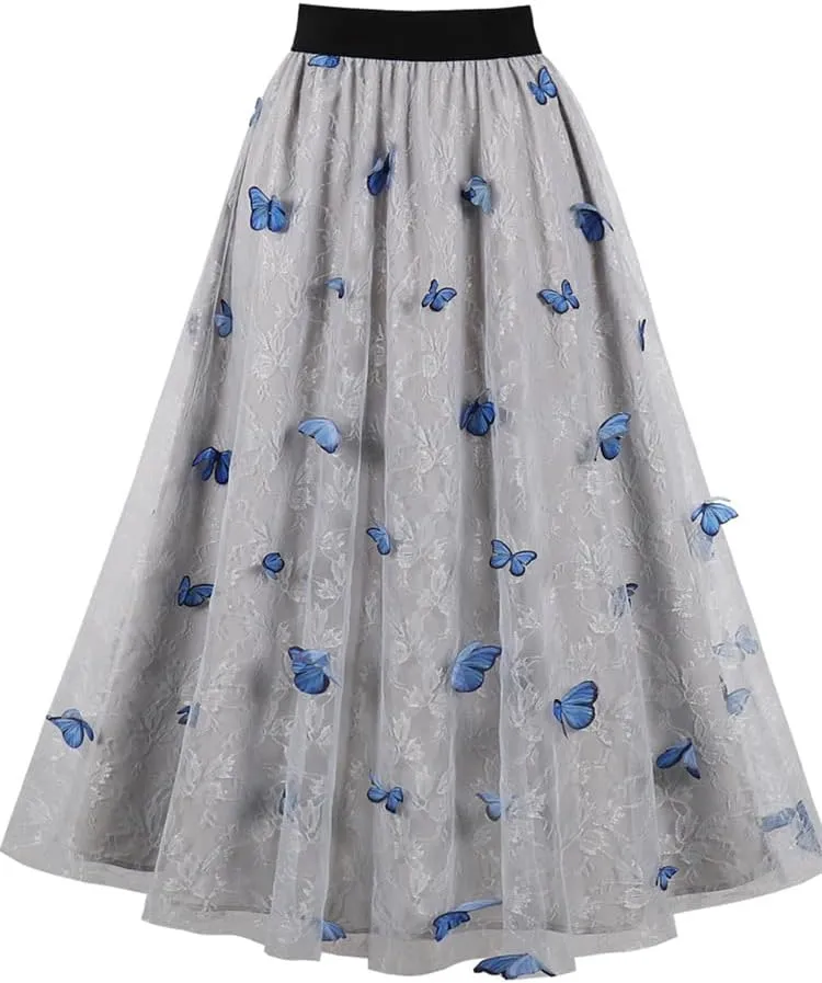 Women's 2 Layers Midi Summer Tulle Skirt Casual Red Blue Brown High Waist Pleated Sun School Long Skirt Female