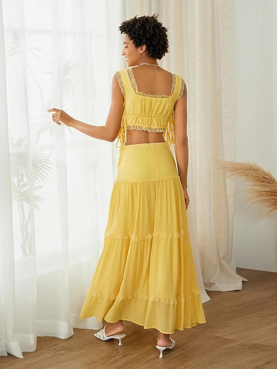 Womens 2 Piece Summer Casual Sleeveless Cropped Tank Top High Waisted Flowy Ruffle Maxi Skirt Set